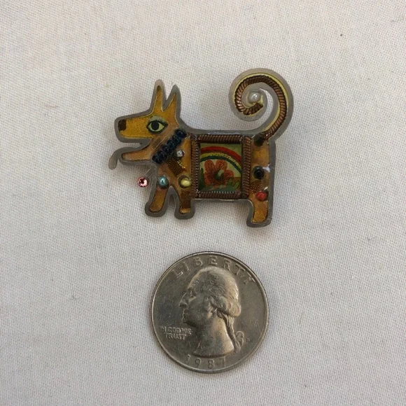 Seeka Dog Pin Art Deco Beaded Jewels Brooch Style Puppy Flowers Yellow Tone - Picture 11 of 12